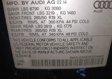 2014 Audi Q7 3.0T Premium from USA, damaged, VIN WA1LGAFE3ED016480